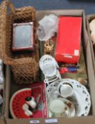 A box of items including Victorian books, a wicker reddy sofa and a Snoop watermelon money box c.