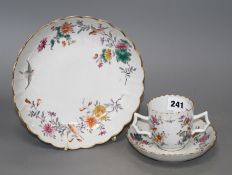 A rare Chinese export famille rose chocolate cup, trembleuse saucer and matching dish, Qianlong