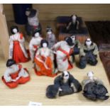 A set of five Japanese late Meiji period Hinamatsuri lacquered wood and fabric female dolls and five