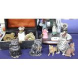 A group of assorted ornaments all relating to cats, comprising: boxed four piece desk set, a painted