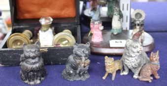 A group of assorted ornaments all relating to cats, comprising: boxed four piece desk set, a painted