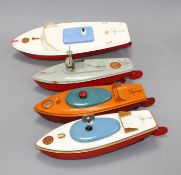 Four Sutcliffe enamelled metal model boats, comprising: two Racer I, both with clockwork, one with