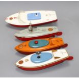 Four Sutcliffe enamelled metal model boats, comprising: two Racer I, both with clockwork, one with
