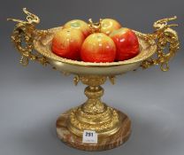 An Italian ornate gilt metal centrepiece, with five ceramic apple ornaments, width 46cm height