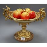 An Italian ornate gilt metal centrepiece, with five ceramic apple ornaments, width 46cm height