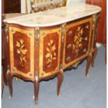 A Meuble Francais marquetry inlaid bowfront side cabinet, W.138cm D.42cm H.84cm Condition: Very