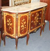 A Meuble Francais marquetry inlaid bowfront side cabinet, W.138cm D.42cm H.84cm Condition: Very