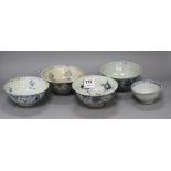 Five Chinese Ming blue and white bowls, 15th-16th century, diameter 15.5cm (1), 15cm (3) and 10cm (