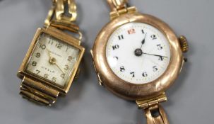 An early 20th century 9ct gold manual wind wrist watch (a.f.) on a 9ct flexible strap and a lady's