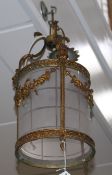 An early 20th century gilt metal and frosted glass hall lantern, drop 42cm, diameter 22cm Condition: