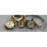 A lady's 9ct gold Rolex manual wind wrist watch and two other lady's 9ct gold manual wind wrist