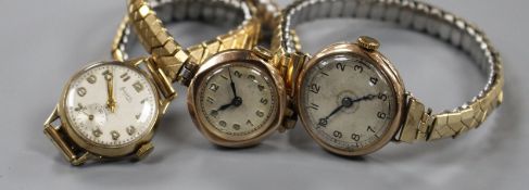 A lady's 9ct gold Rolex manual wind wrist watch and two other lady's 9ct gold manual wind wrist