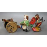 Three old tinplate clockwork toys and a tinplate cannon Condition:- drumming clown, height 11cm,