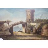 Italian School, oil on canvas, Coastal landscape with figures on battlements, indistinctly signed,