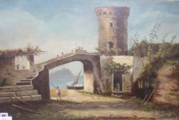 Italian School, oil on canvas, Coastal landscape with figures on battlements, indistinctly signed,