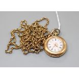 An early 20th century Swiss 14k fob watch, together with a 9k guard chain. Condition: Watch- glass