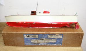 A rare boxed Mamod 'Conqueror' model electric yacht, 1950s, the label stating Malins (Engineers)