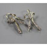 A pair of 20th century yellow metal and diamond set ribbon bow drop earrings, bow 22mm, gross weight