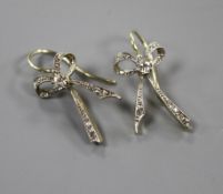 A pair of 20th century yellow metal and diamond set ribbon bow drop earrings, bow 22mm, gross weight