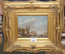 Modern 17th century Dutch style, oil on panel, Winter scene, 19 x 24cm, ornate gilt frame Condition: