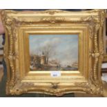 Modern 17th century Dutch style, oil on panel, Winter scene, 19 x 24cm, ornate gilt frame Condition: