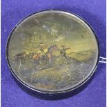 A Stobwasser style papier mache snuff box decorated with an Officer of the 14th Kings Light Dragoons