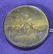 A Stobwasser style papier mache snuff box decorated with an Officer of the 14th Kings Light Dragoons