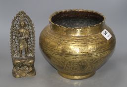 A Benares brass jardiniere, engraved with panels of animals, warriors and script, height 20cm,