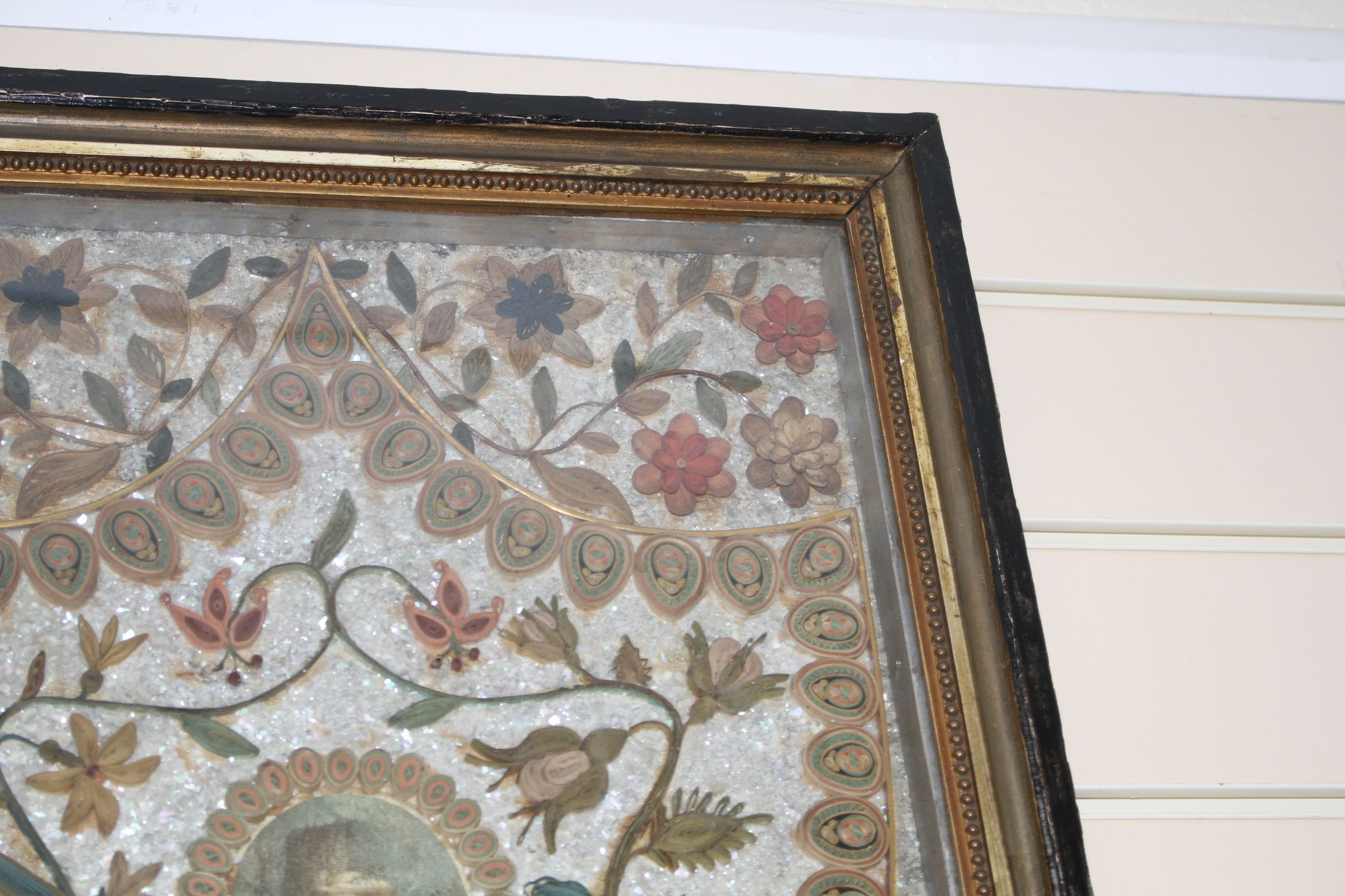 An early 19th century paper scroll work panel, formed with a printed miniature within a floral - Image 6 of 6