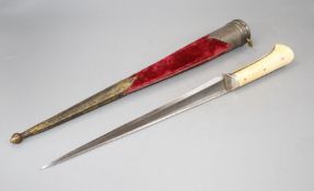 An Indian dagger pesh kabz, 18th century, slender T-section blade 28cms of finely watered steel