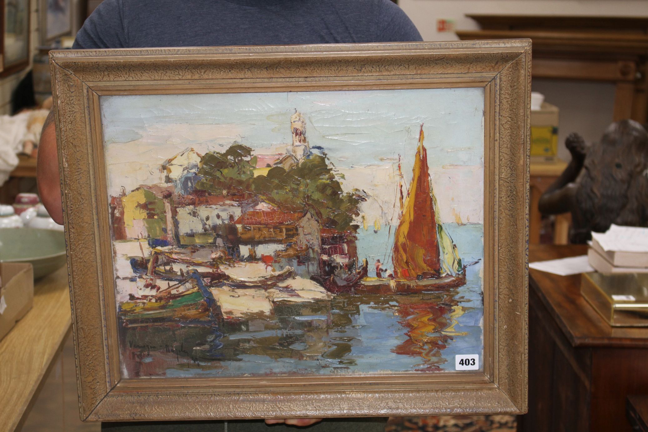 Italian School, oil on canvas, Fishing boats along the coast, indistinctly signed and dated, 40 x - Image 2 of 7