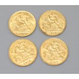 Four early 20th century gold half sovereigns, 1910(3) and 1914.