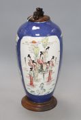 A 19th century Chinese famille rose baluster vase, now cut down and mounted as a table lamp,
