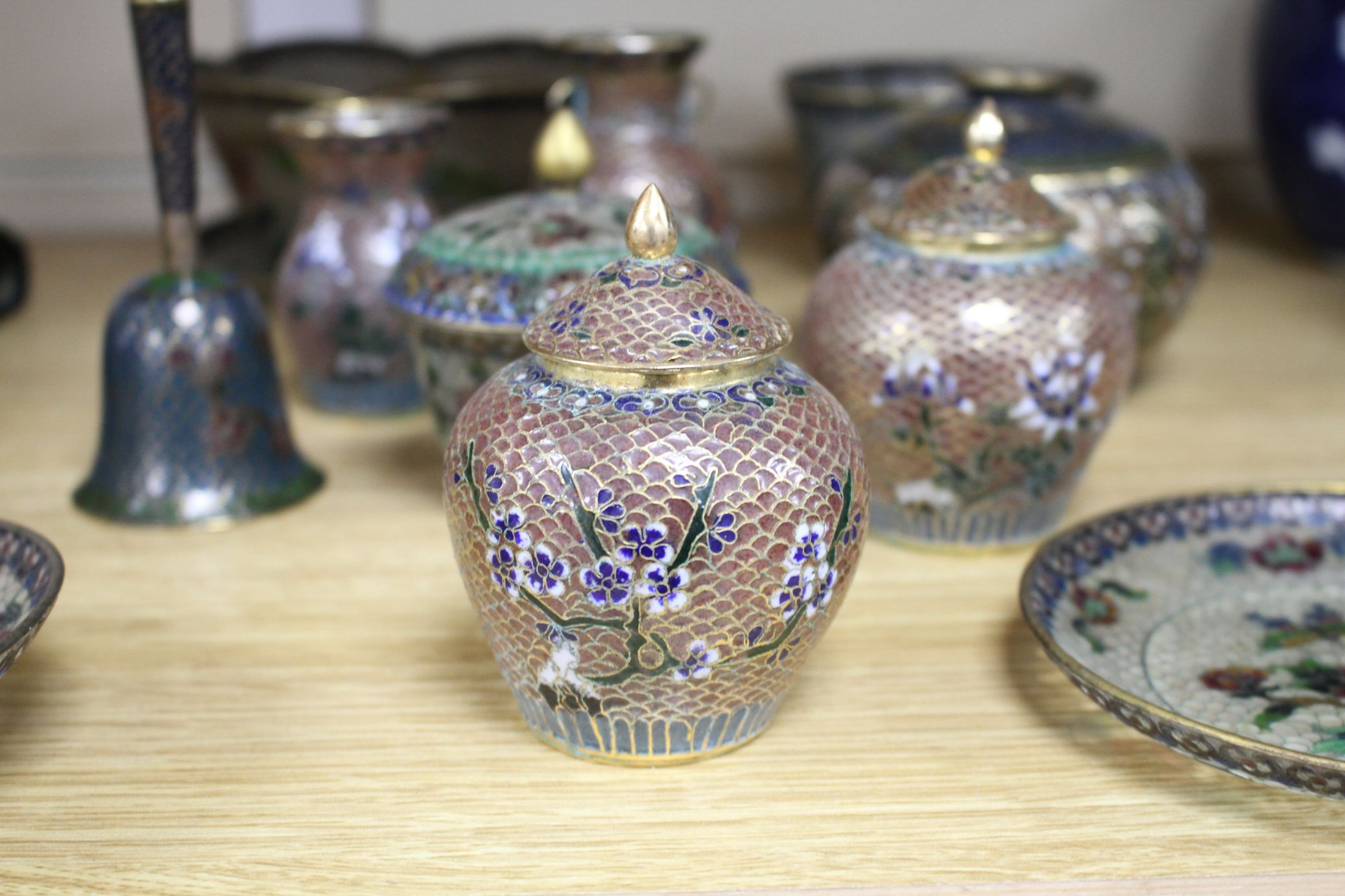 A collection of Chinese plique a jour ornaments including a bell Condition:- pair of 12.5cm dishes - - Image 3 of 12