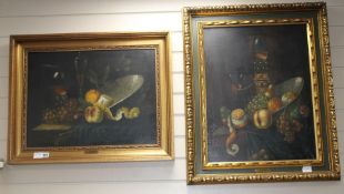 Dutch School, two oils on canvas, Still lifes in the 17th century style, indistinctly signed, 44 x