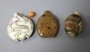 Two Chinese snuff bottles: agate and internally painted glass and a European porcelain scent flask