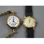 Two lady's gold manual wind wrist watches, Tissot 14ct and Hirco 9ct, on leather and gold plated