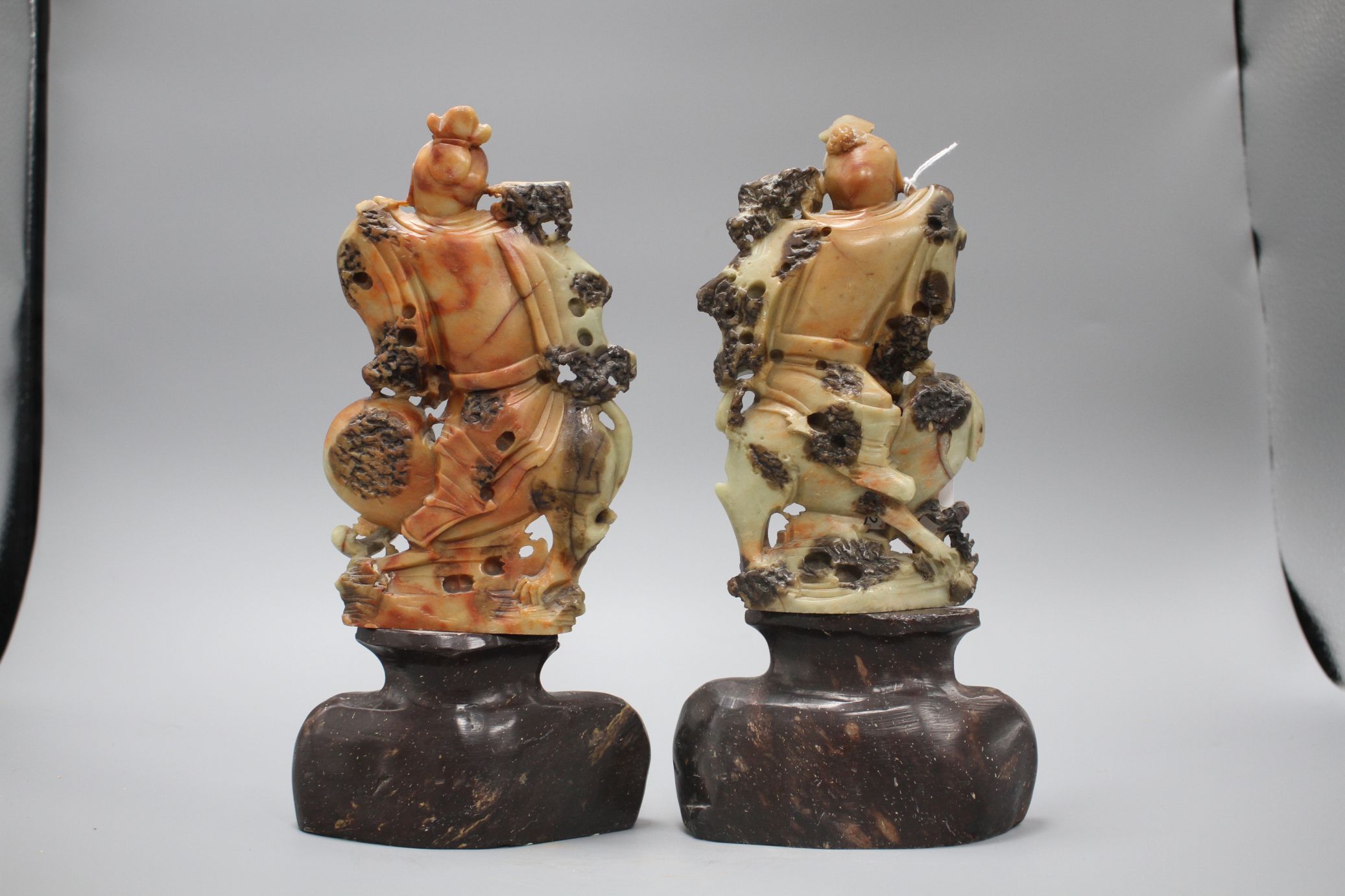 A pair of Chinese soapstone carvings depicting figures riding upon elephants, height 19cm, height - Image 4 of 5