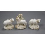 A pair of Derby gilt and white figures of a ram and a ewe, and an additional ewe, c.1810-30, the ram