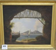 19th century Italian School, oil on canvas, View of Naples and Vesuvius from a fisherman's cave,