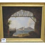 19th century Italian School, oil on canvas, View of Naples and Vesuvius from a fisherman's cave,