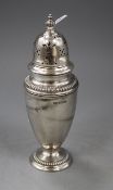 A George VI silver sugar caster by Mappin & Webb, Sheffield, 1938, 18.6cm, 5 oz. Condition: Small