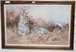 Tony Butler (South African, 1959-), oil on canvas, "Noonday Rest, Leopard in grass", signed, 44.5