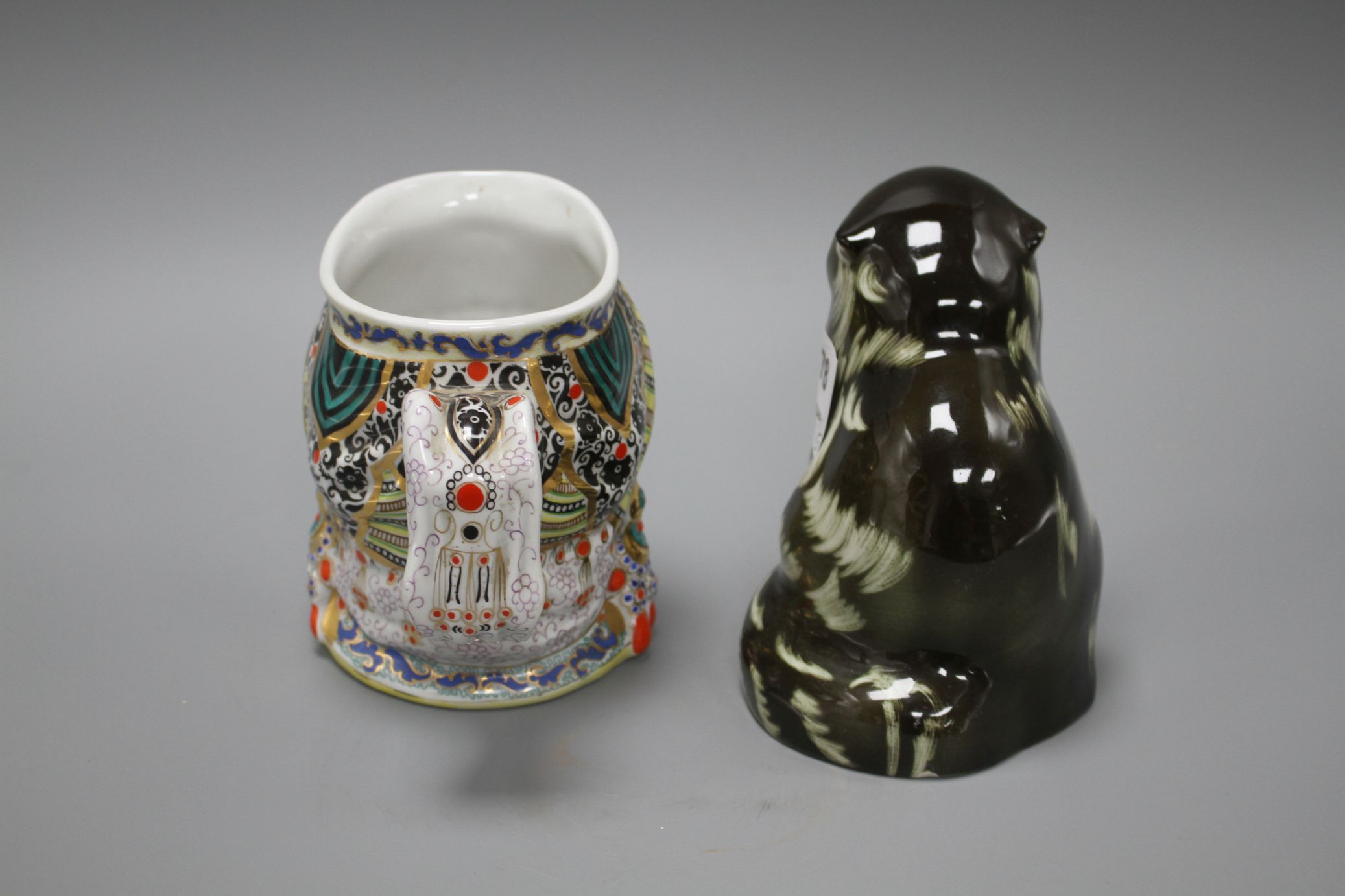 A Russian ceramic figure of a seated cat, height 15cm, and a character jug depicting a woman's - Image 3 of 4