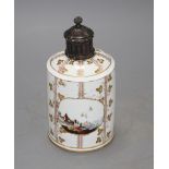 A late 18th century Hochst tea caddy, decorated with a town and ruins in a landscape, reserved