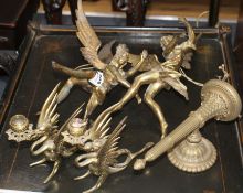 A pair of gilt bronze angel hanging light fittings, height 39cm, a torch wall light, 26cm and a pair