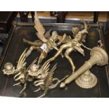 A pair of gilt bronze angel hanging light fittings, height 39cm, a torch wall light, 26cm and a pair