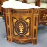 A pair of Meuble Francais marquetry inlaid corner cabinets, W.75cm D.47cm H.90cm Condition: Very