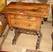 An early Victorian rosewood work table, W.71cm D.42cm H.72cm Condition: The top has four to five