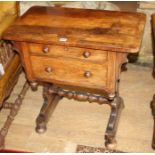 An early Victorian rosewood work table, W.71cm D.42cm H.72cm Condition: The top has four to five